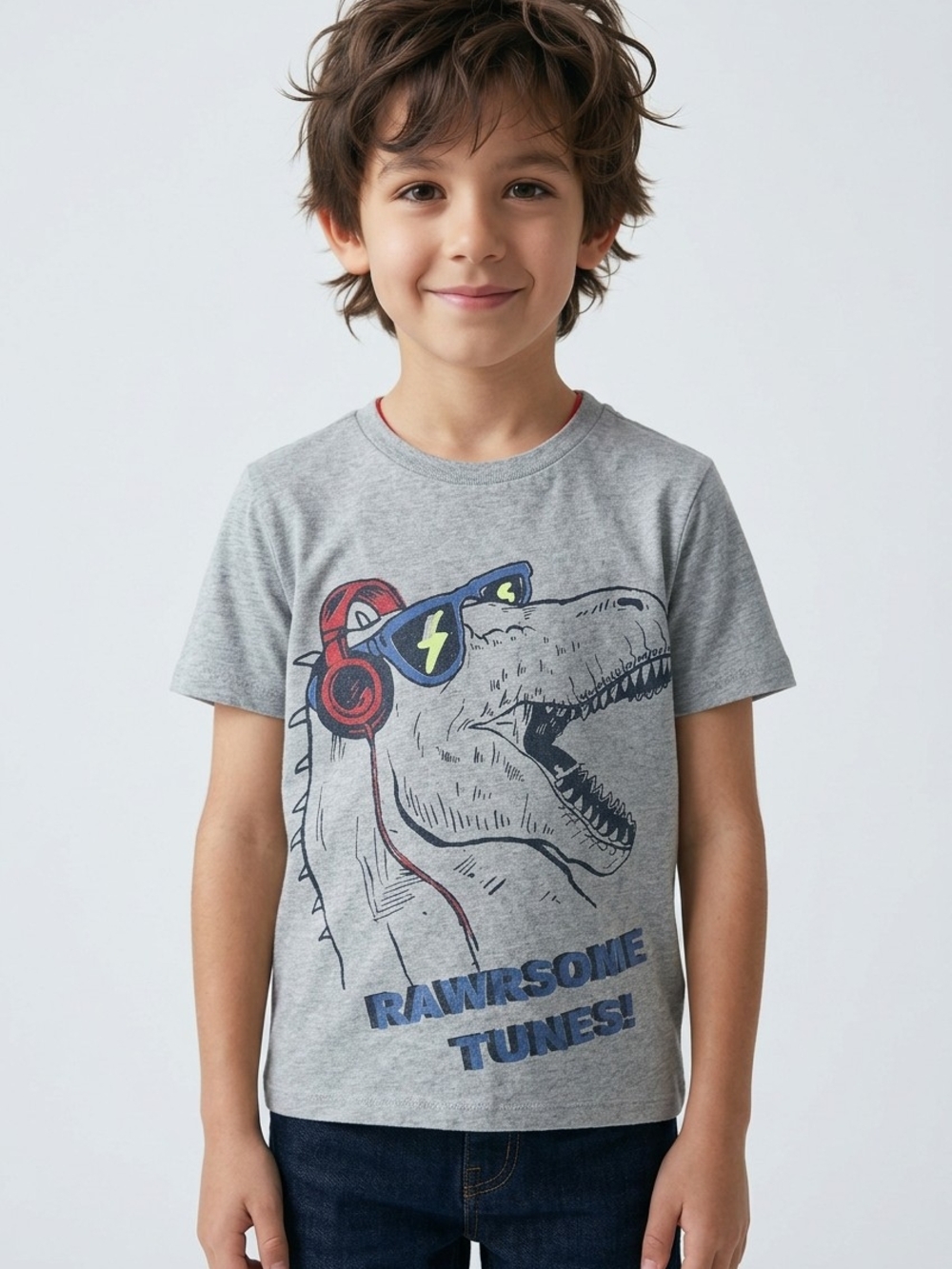 Andy & Evan Grey T‑Shirt with Dino Headphones Graphic